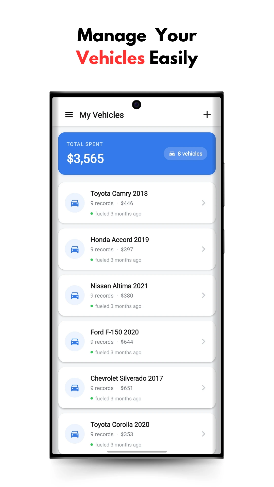 Gas mileage tracker showing fuel consumption and trip logs