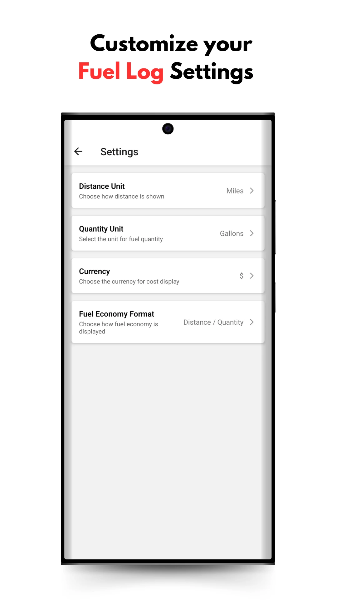 Fuel expense tracker app settings